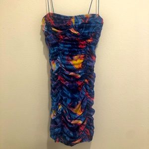 Purple Print Mesh Cup Detail Ruched Bodycon Dress